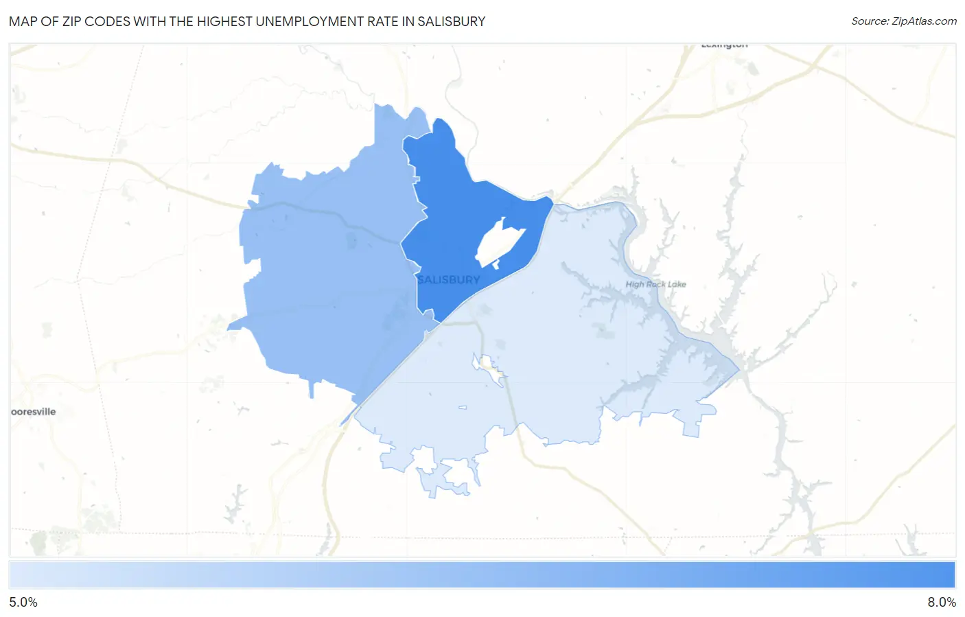 Zip Codes with the Highest Unemployment Rate in Salisbury Map