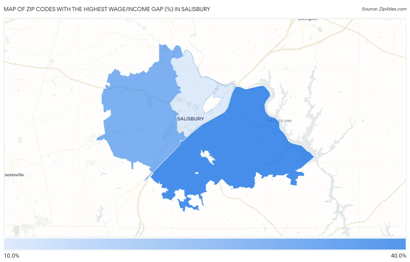 Zip Codes with the Highest Wage/Income Gap (%) in Salisbury Map