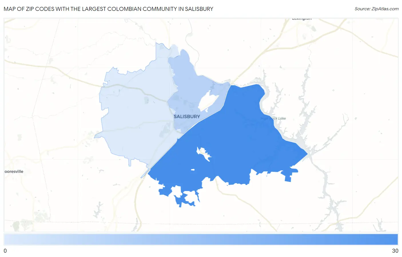 Zip Codes with the Largest Colombian Community in Salisbury Map