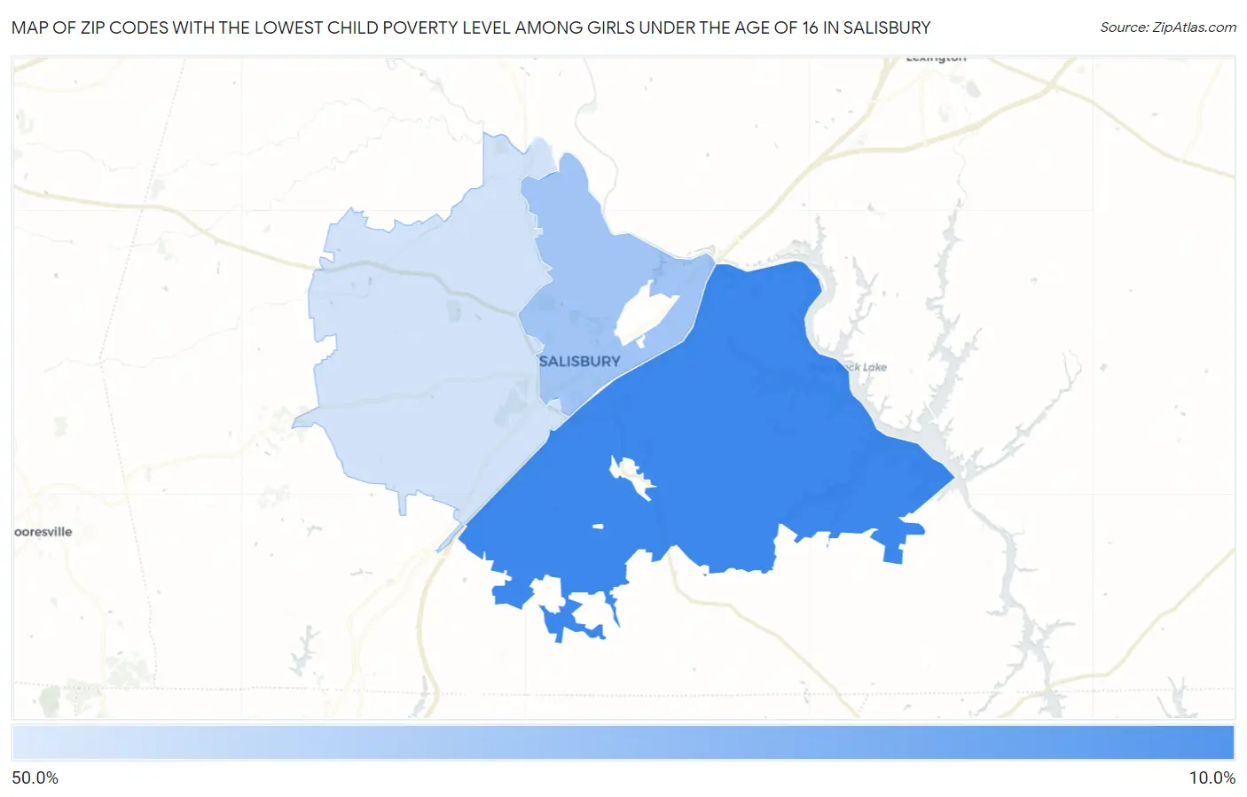 Zip Codes with the Lowest Child Poverty Level Among Girls Under the Age of 16 in Salisbury Map