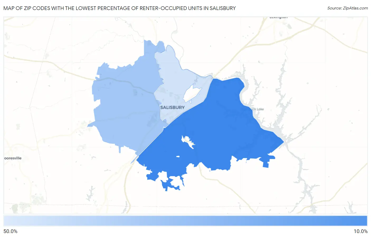 Zip Codes with the Lowest Percentage of Renter-Occupied Units in Salisbury Map