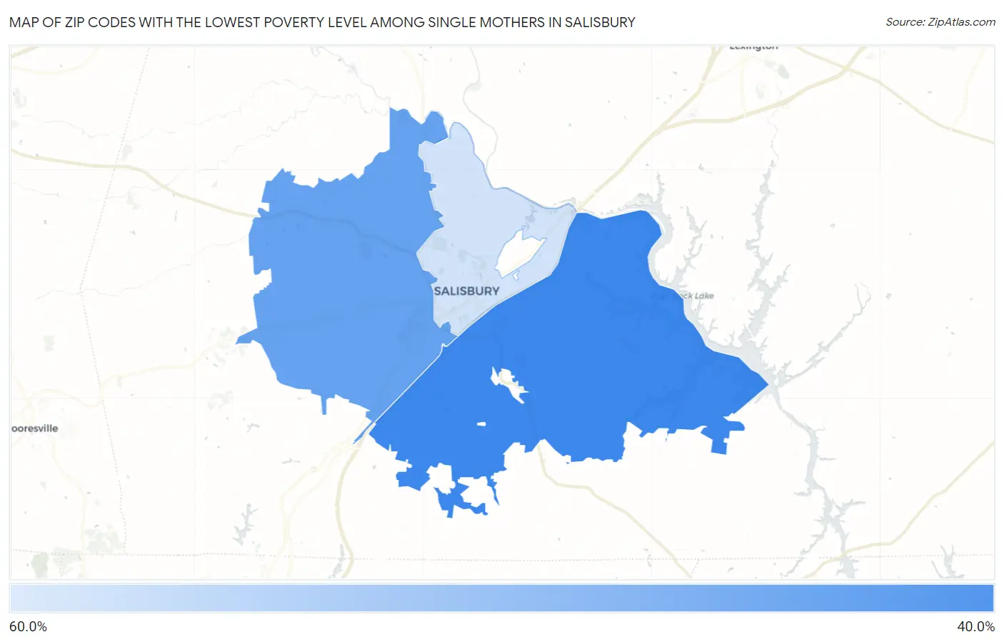 Zip Codes with the Lowest Poverty Level Among Single Mothers in Salisbury Map