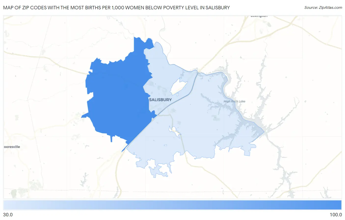 Zip Codes with the Most Births per 1,000 Women Below Poverty Level in Salisbury Map