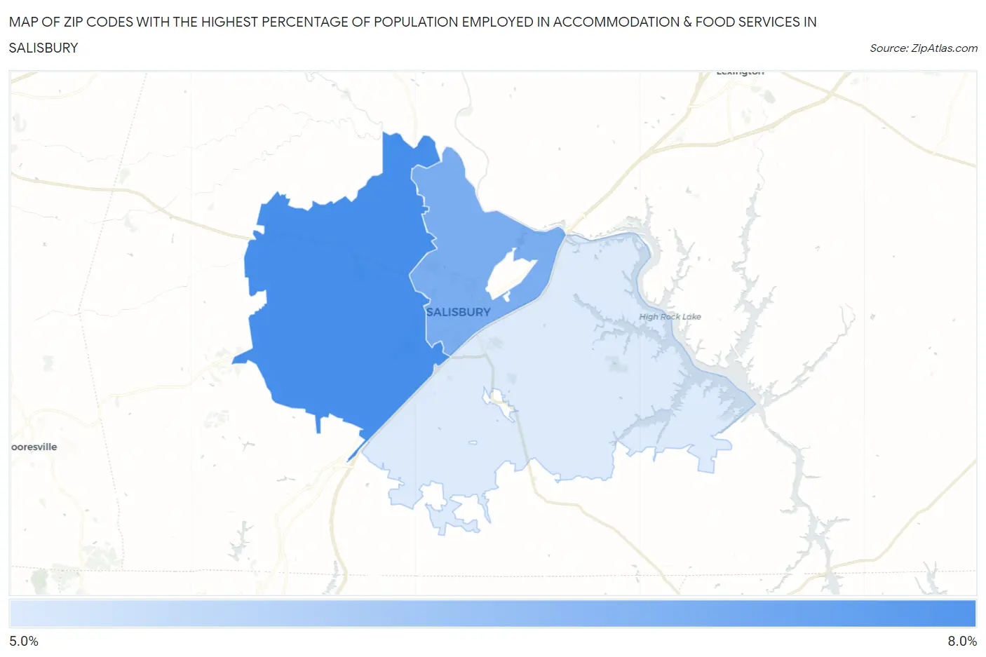 Zip Codes with the Highest Percentage of Population Employed in Accommodation & Food Services in Salisbury Map