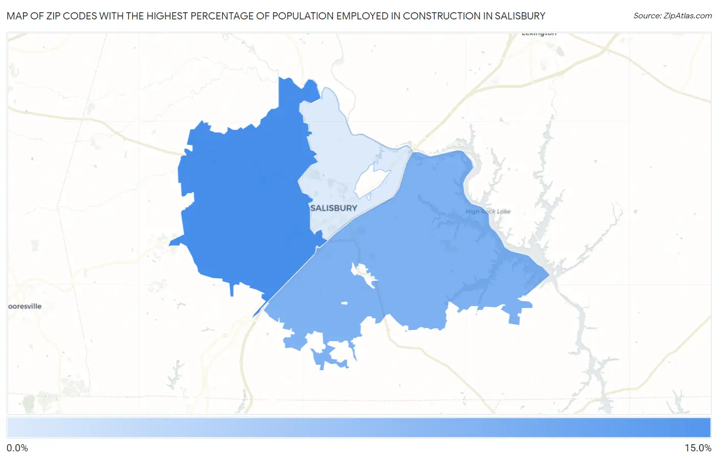Zip Codes with the Highest Percentage of Population Employed in Construction in Salisbury Map