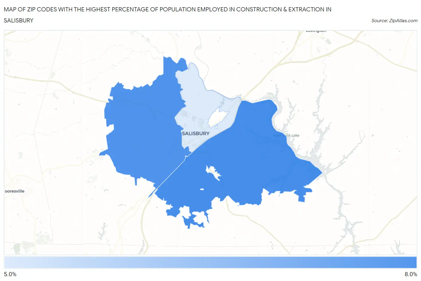 Zip Codes with the Highest Percentage of Population Employed in Construction & Extraction in Salisbury Map