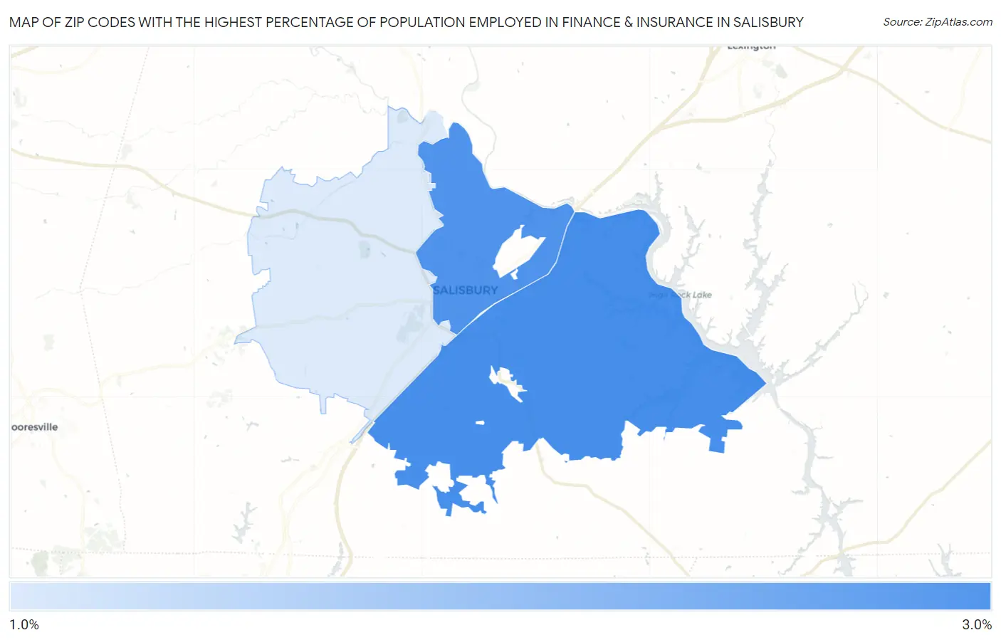 Zip Codes with the Highest Percentage of Population Employed in Finance & Insurance in Salisbury Map