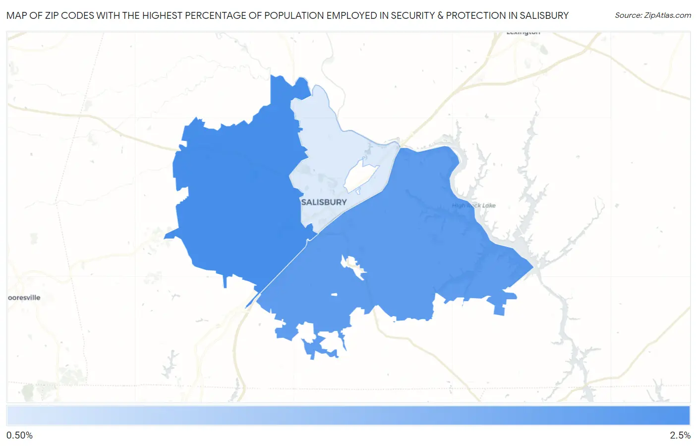 Zip Codes with the Highest Percentage of Population Employed in Security & Protection in Salisbury Map