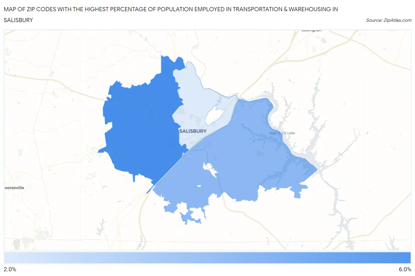 Zip Codes with the Highest Percentage of Population Employed in Transportation & Warehousing in Salisbury Map