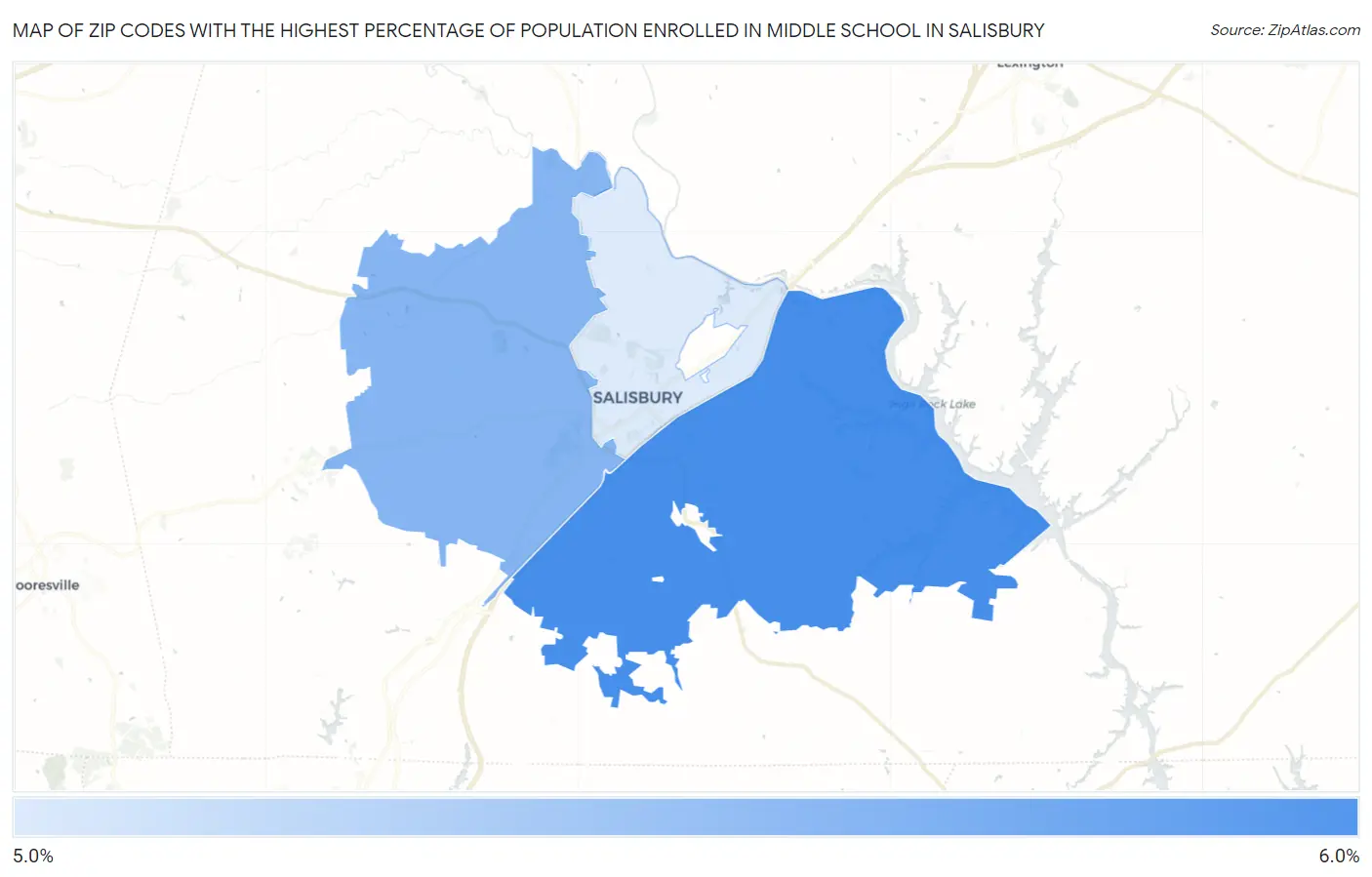 Zip Codes with the Highest Percentage of Population Enrolled in Middle School in Salisbury Map