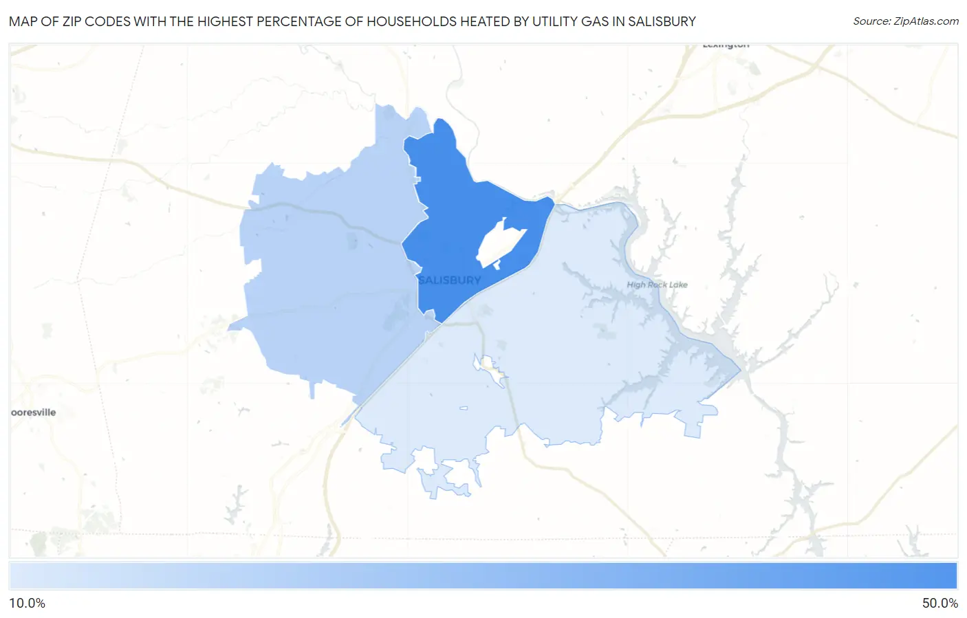 Zip Codes with the Highest Percentage of Households Heated by Utility Gas in Salisbury Map