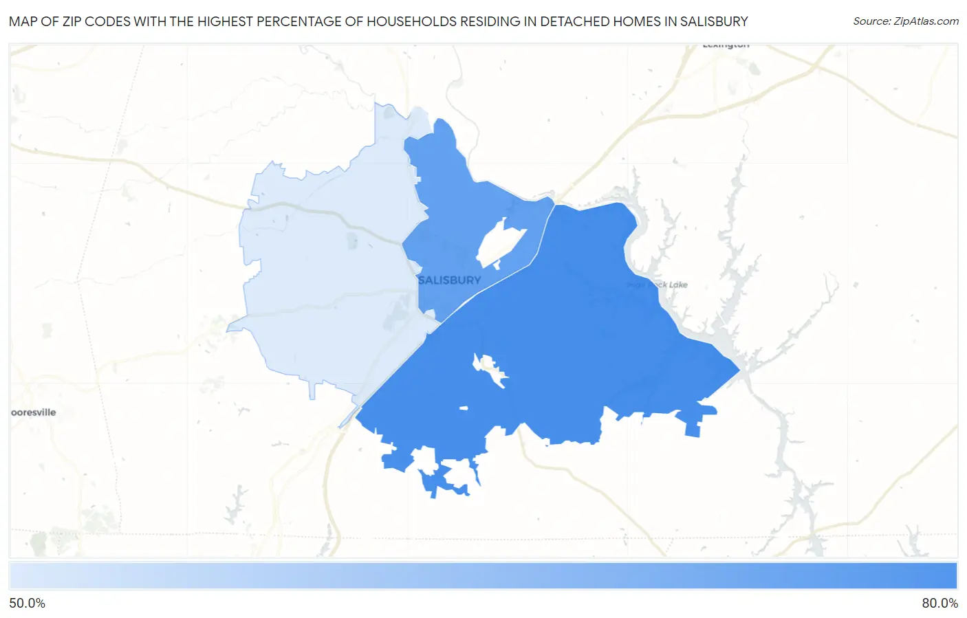 Zip Codes with the Highest Percentage of Households Residing in Detached Homes in Salisbury Map