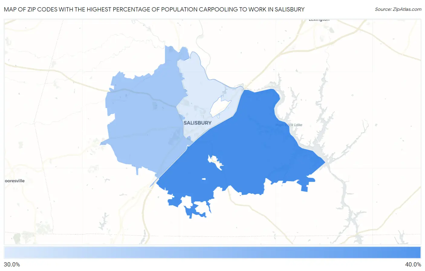 Zip Codes with the Highest Percentage of Population Carpooling to Work in Salisbury Map