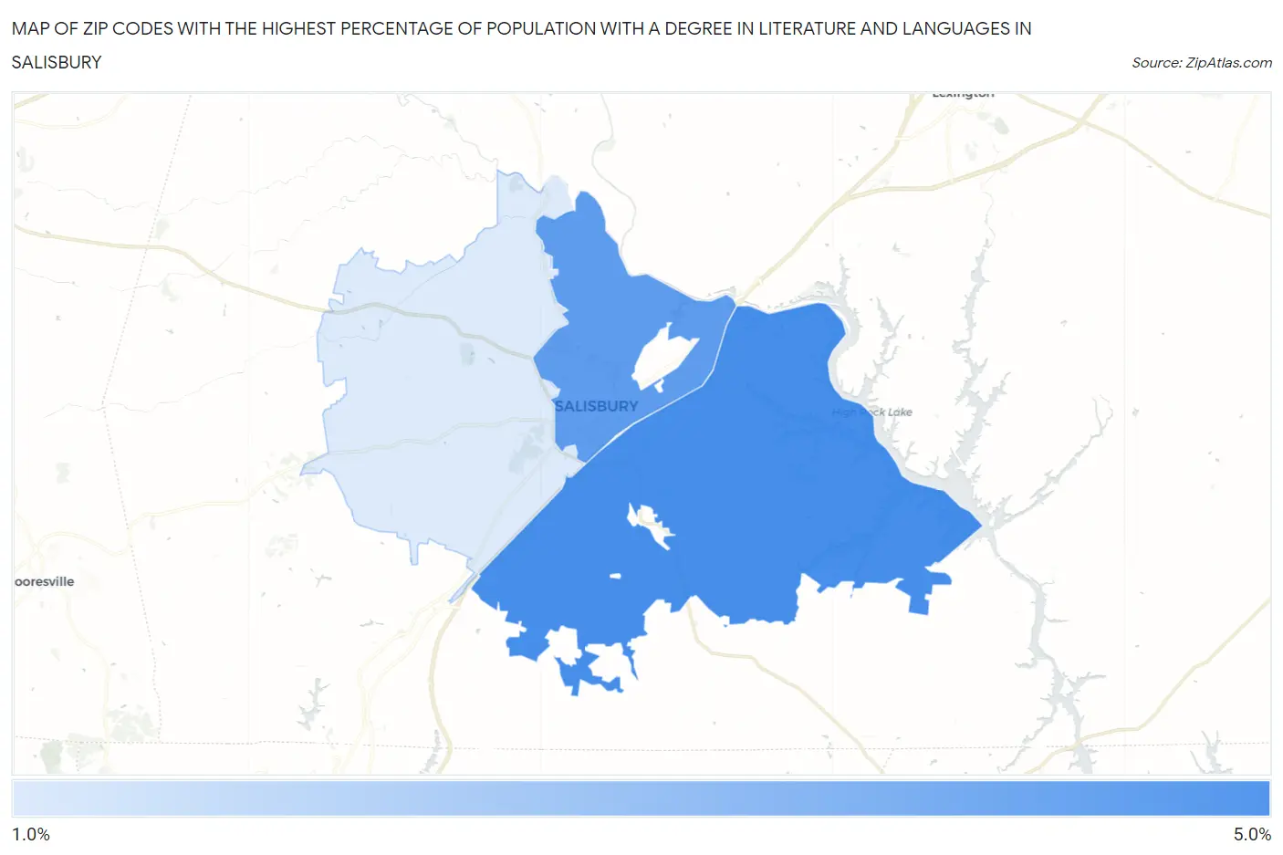 Zip Codes with the Highest Percentage of Population with a Degree in Literature and Languages in Salisbury Map