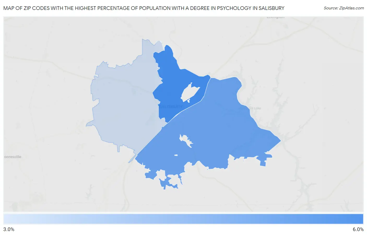 Zip Codes with the Highest Percentage of Population with a Degree in Psychology in Salisbury Map