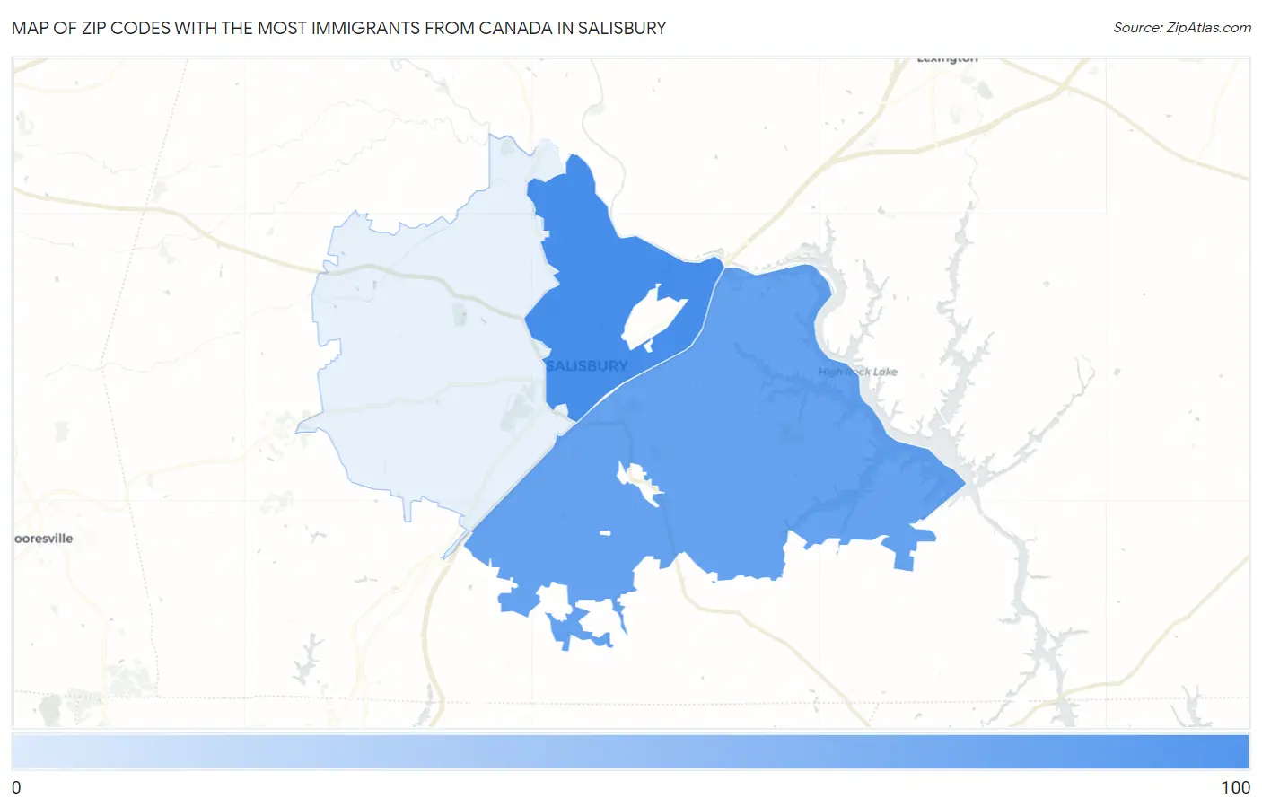 Zip Codes with the Most Immigrants from Canada in Salisbury Map