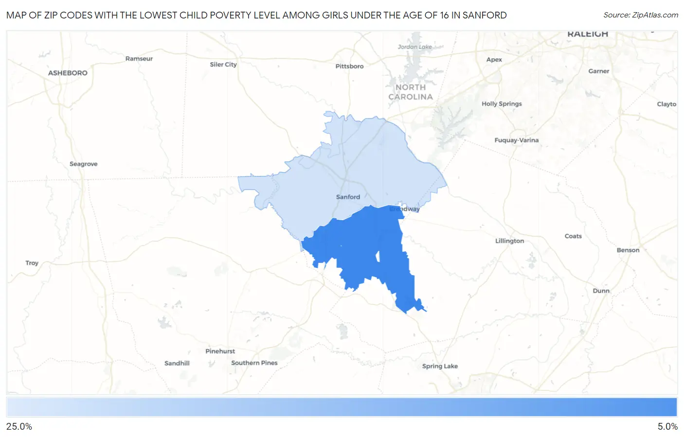 Zip Codes with the Lowest Child Poverty Level Among Girls Under the Age of 16 in Sanford Map