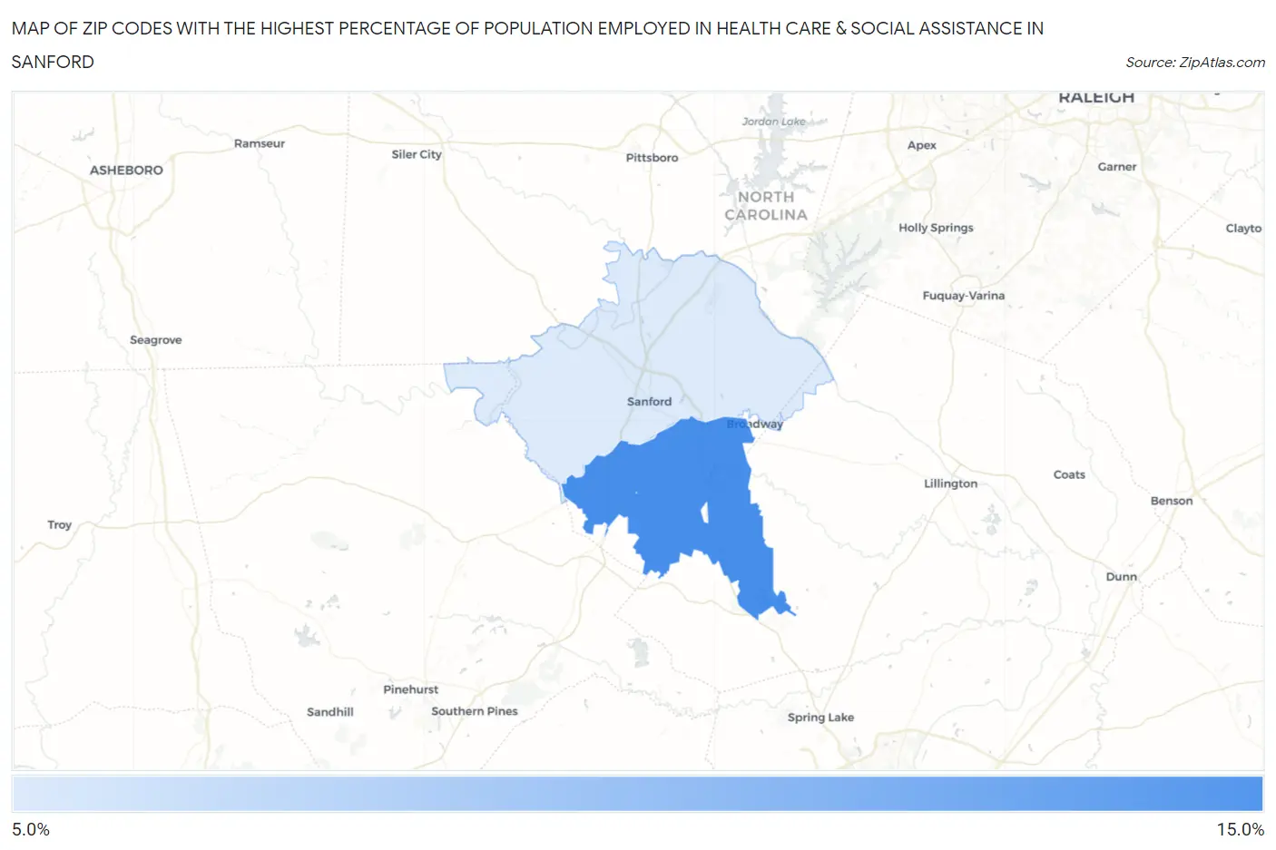 Zip Codes with the Highest Percentage of Population Employed in Health Care & Social Assistance in Sanford Map