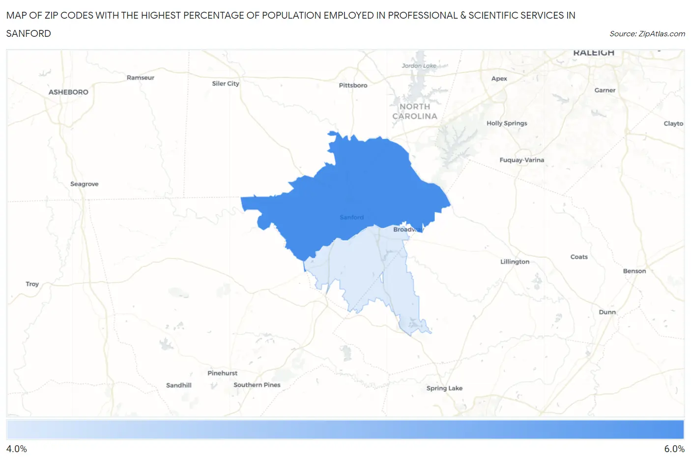 Zip Codes with the Highest Percentage of Population Employed in Professional & Scientific Services in Sanford Map