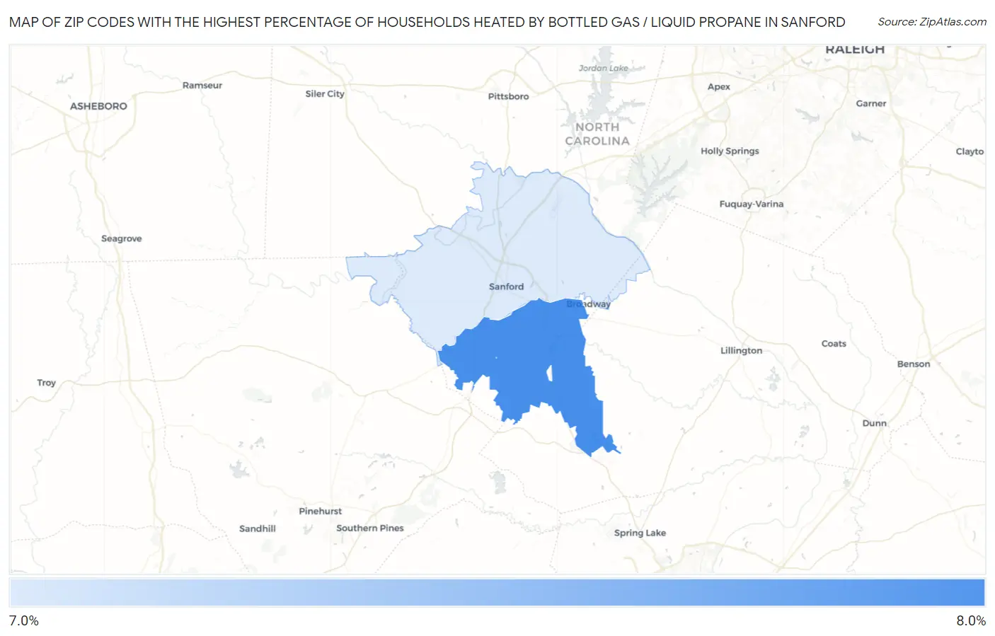 Zip Codes with the Highest Percentage of Households Heated by Bottled Gas / Liquid Propane in Sanford Map