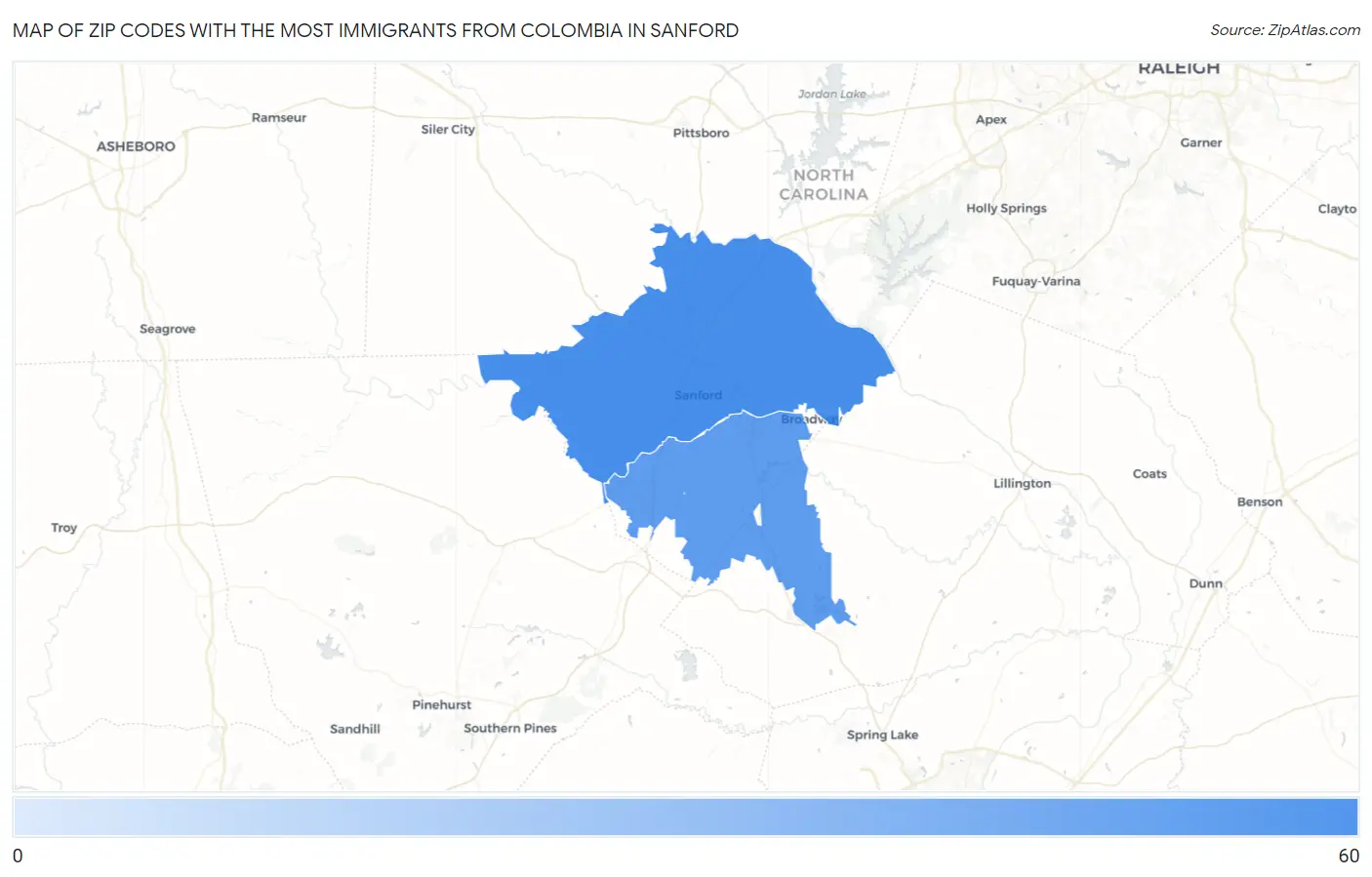 Zip Codes with the Most Immigrants from Colombia in Sanford Map