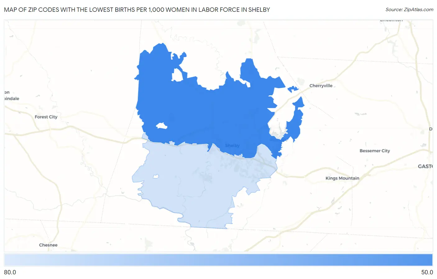 Zip Codes with the Lowest Births per 1,000 Women in Labor Force in Shelby Map