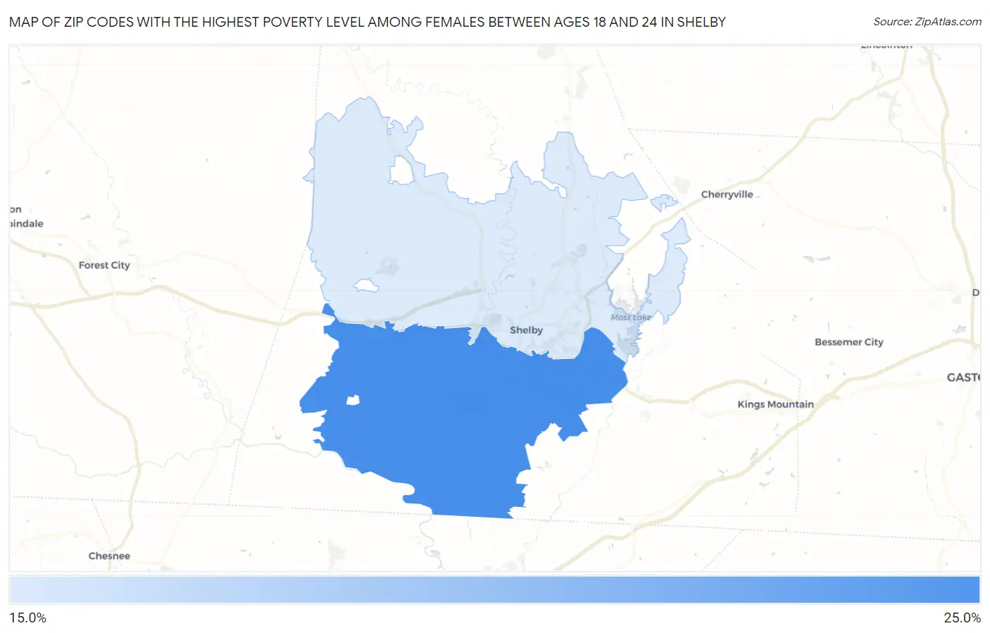 Zip Codes with the Highest Poverty Level Among Females Between Ages 18 and 24 in Shelby Map
