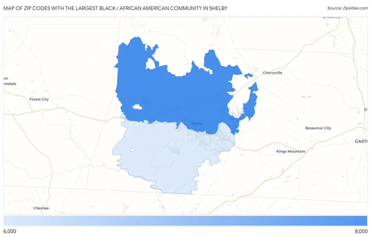 Zip Codes with the Largest Black / African American Community in Shelby Map