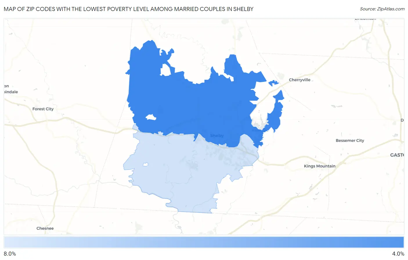 Zip Codes with the Lowest Poverty Level Among Married Couples in Shelby Map