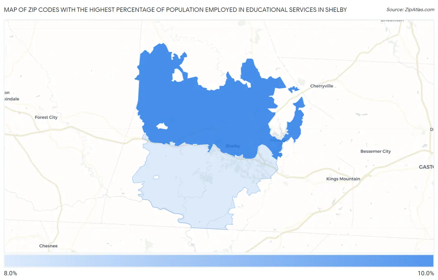 Zip Codes with the Highest Percentage of Population Employed in Educational Services in Shelby Map