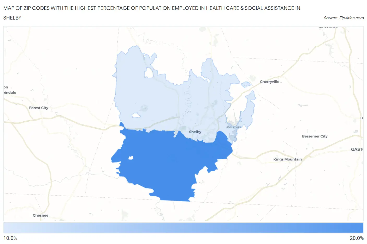 Zip Codes with the Highest Percentage of Population Employed in Health Care & Social Assistance in Shelby Map