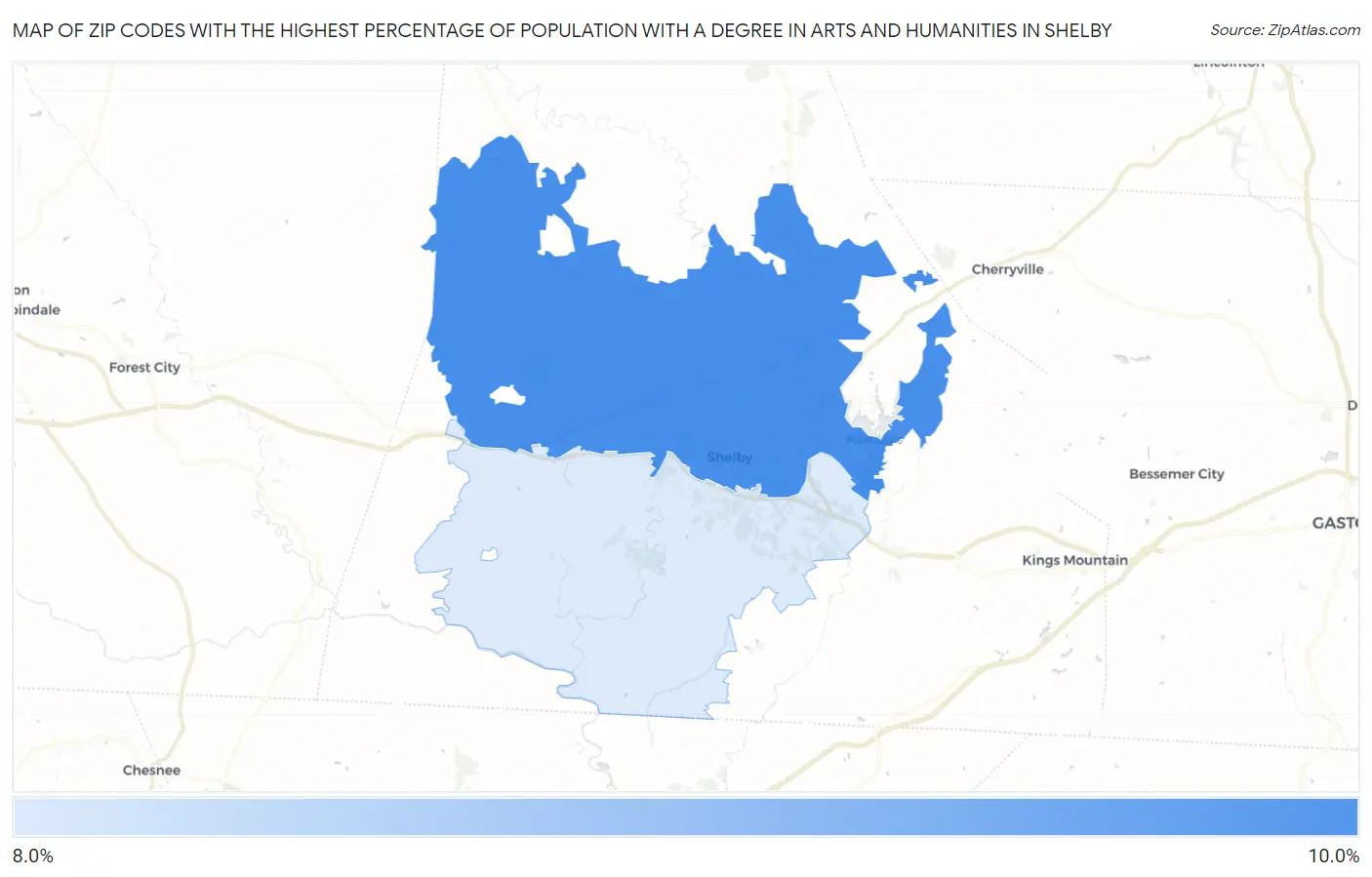 Zip Codes with the Highest Percentage of Population with a Degree in Arts and Humanities in Shelby Map