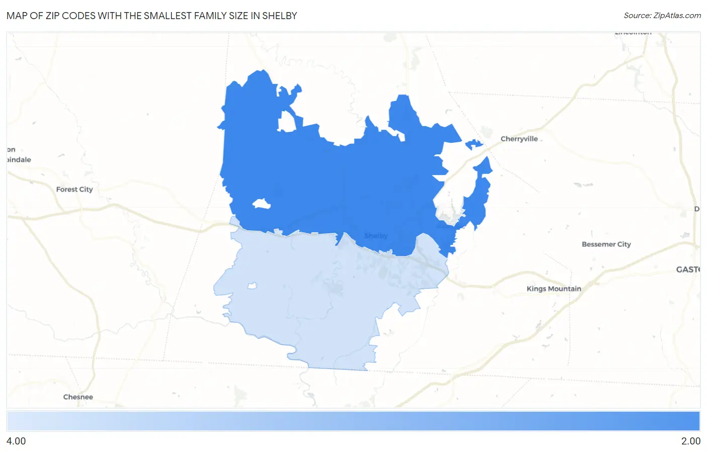 Zip Codes with the Smallest Family Size in Shelby Map