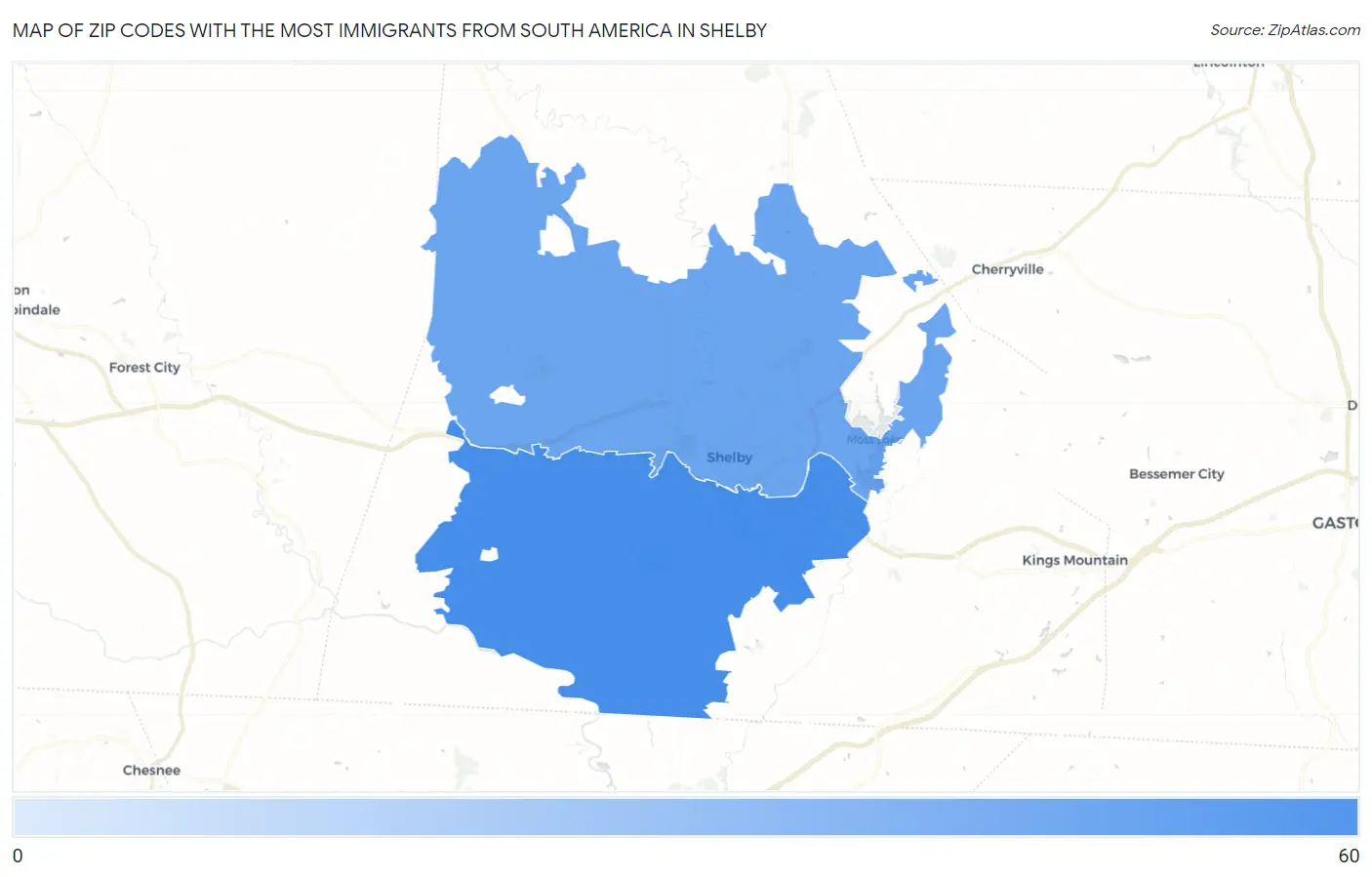 Zip Codes with the Most Immigrants from South America in Shelby Map