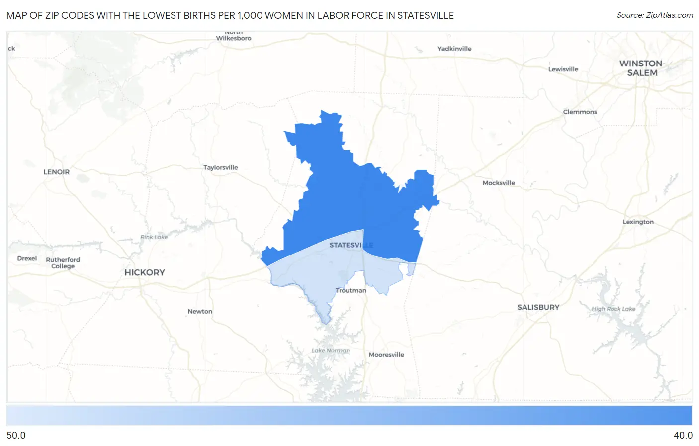 Zip Codes with the Lowest Births per 1,000 Women in Labor Force in Statesville Map