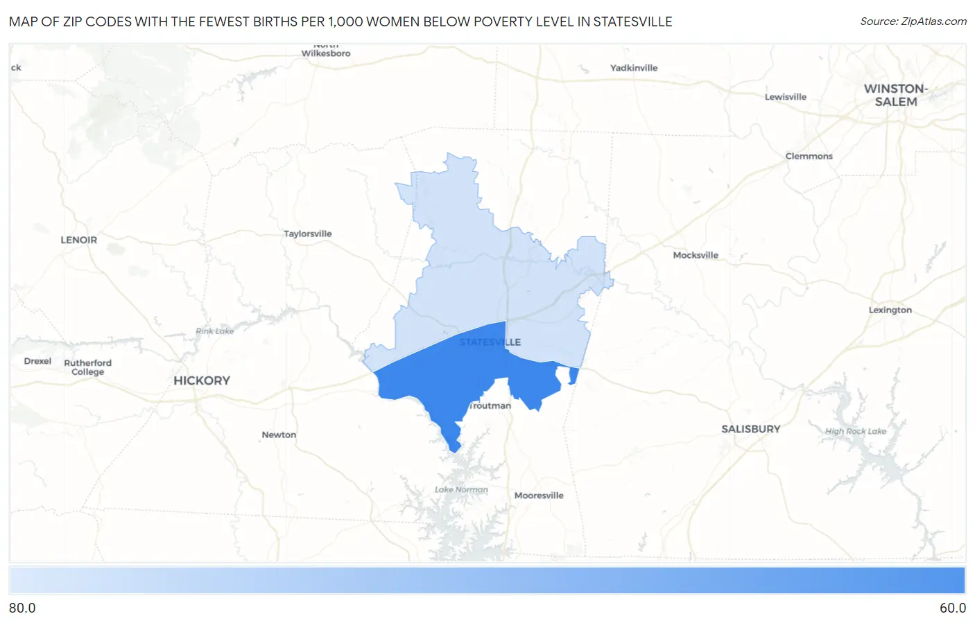 Zip Codes with the Fewest Births per 1,000 Women Below Poverty Level in Statesville Map