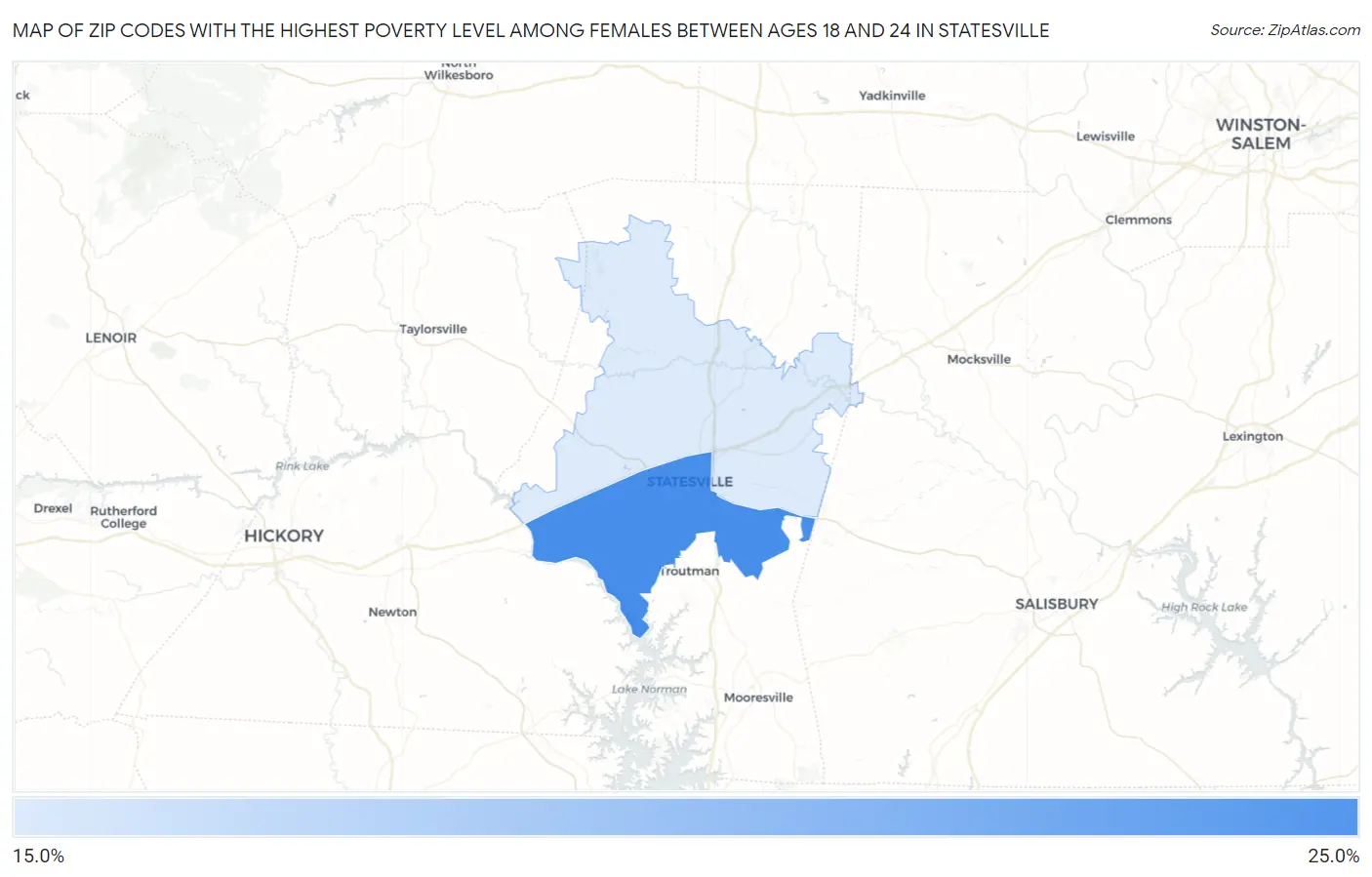 Zip Codes with the Highest Poverty Level Among Females Between Ages 18 and 24 in Statesville Map