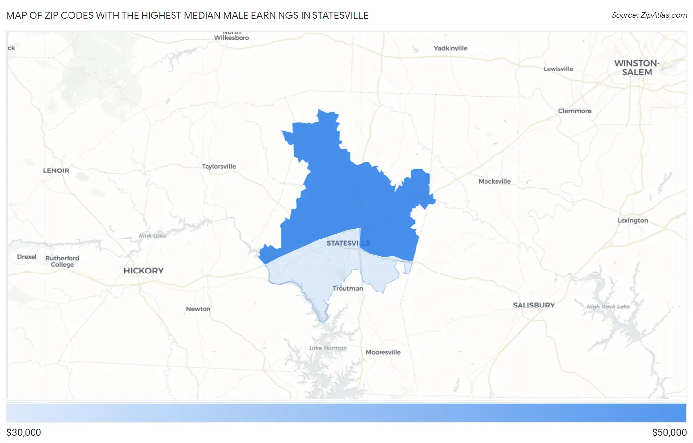Zip Codes with the Highest Median Male Earnings in Statesville Map