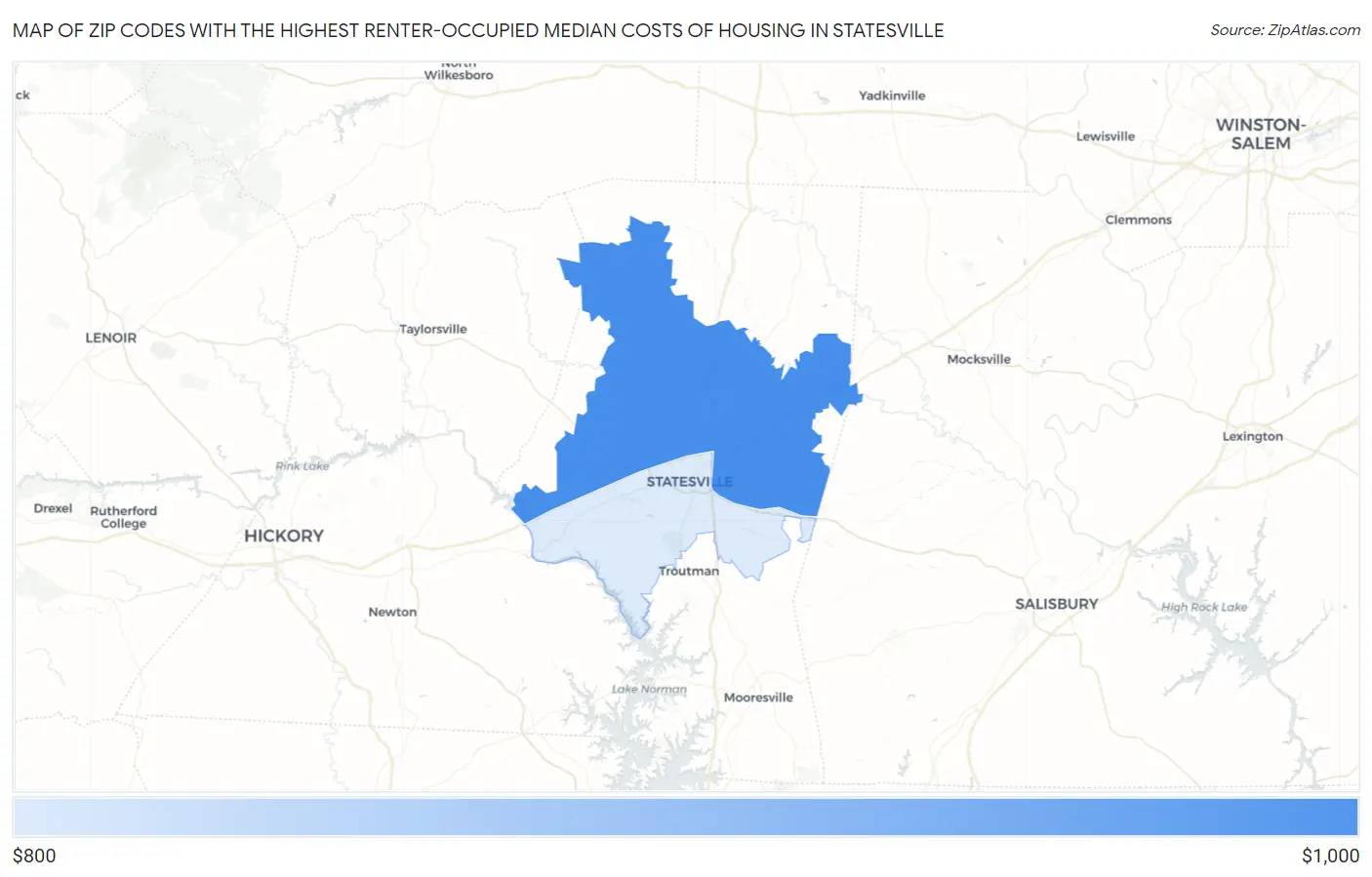 Zip Codes with the Highest Renter-Occupied Median Costs of Housing in Statesville Map