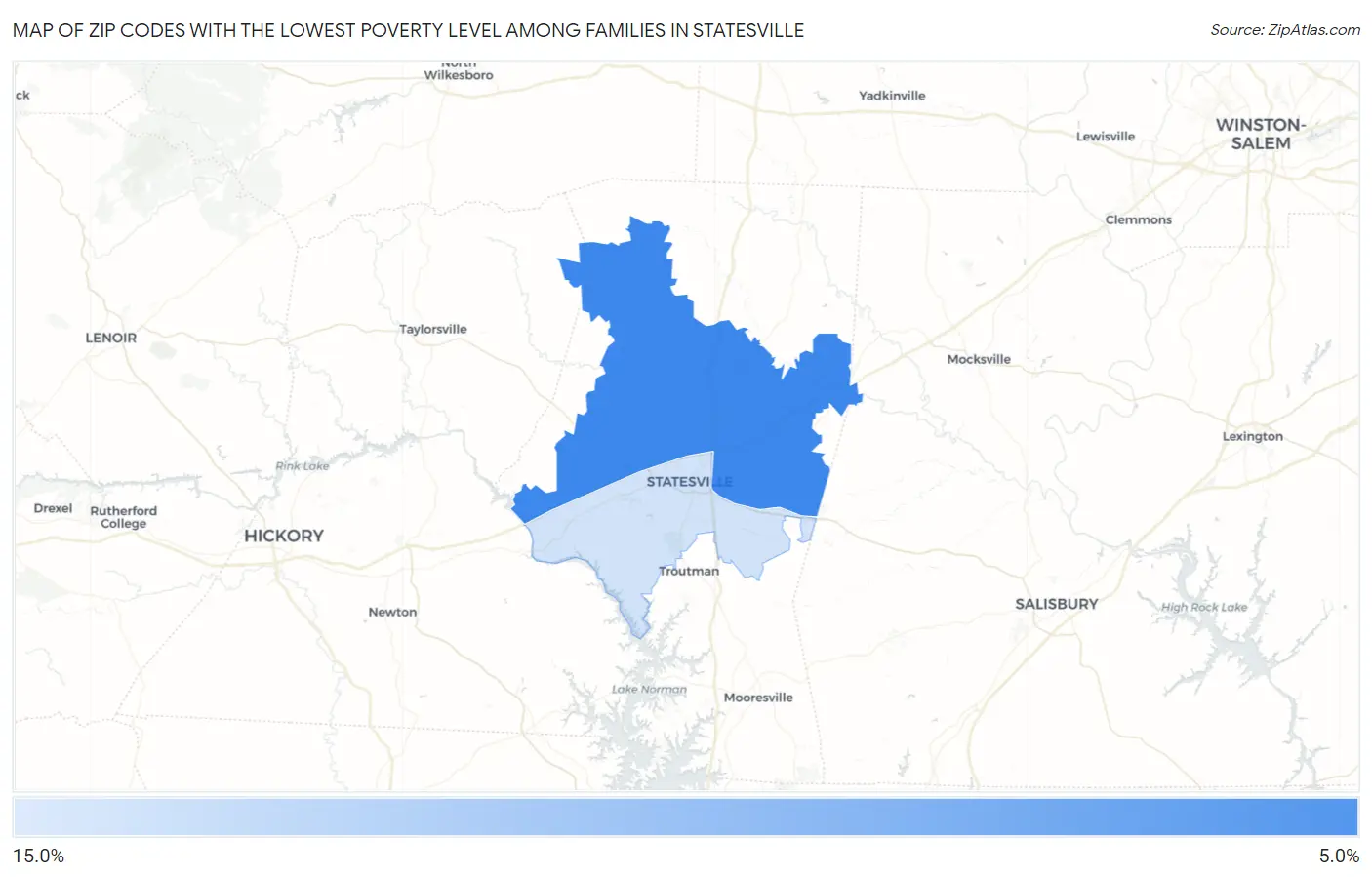 Zip Codes with the Lowest Poverty Level Among Families in Statesville Map