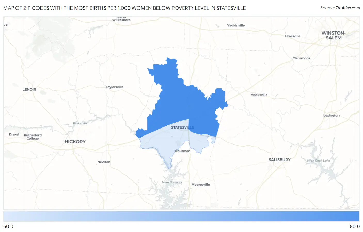 Zip Codes with the Most Births per 1,000 Women Below Poverty Level in Statesville Map