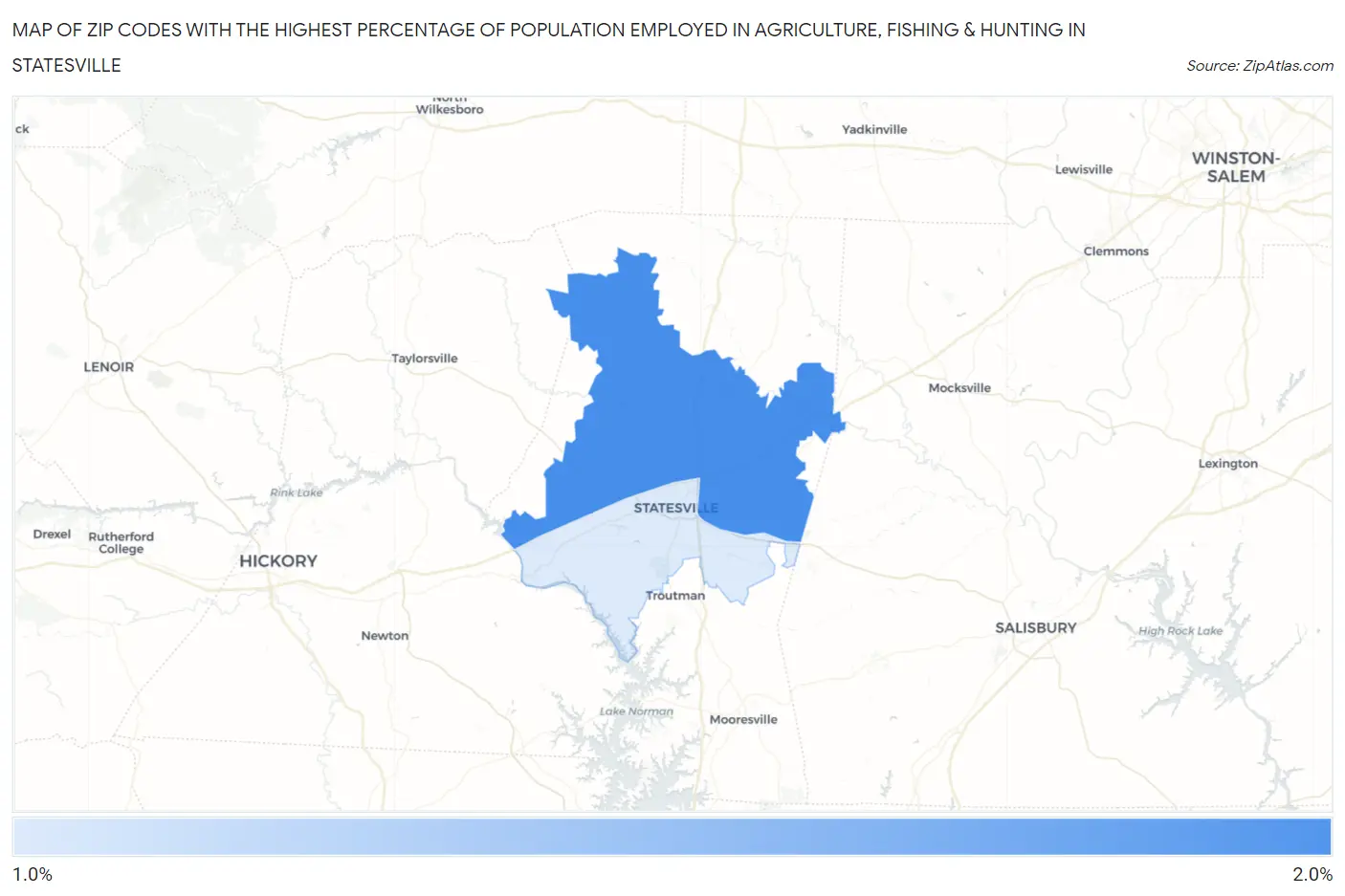 Zip Codes with the Highest Percentage of Population Employed in Agriculture, Fishing & Hunting in Statesville Map