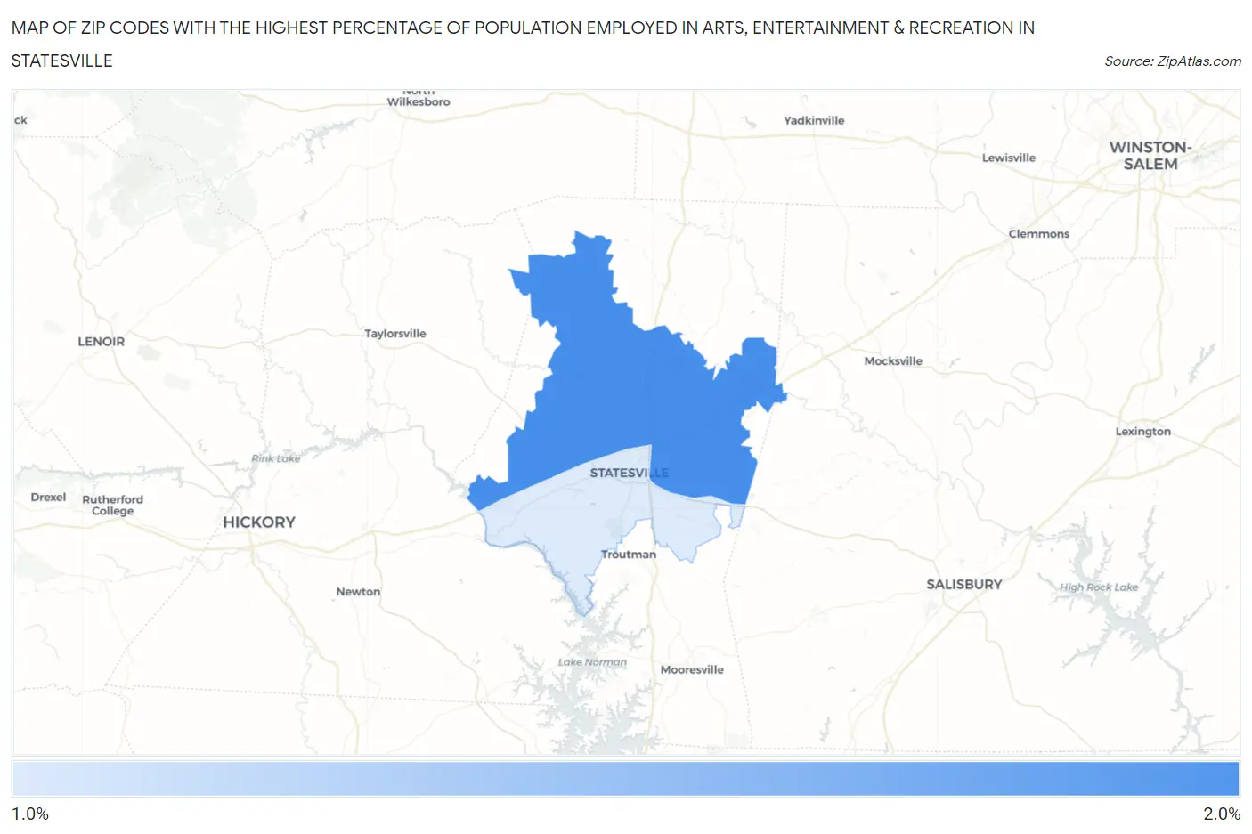 Zip Codes with the Highest Percentage of Population Employed in Arts, Entertainment & Recreation in Statesville Map