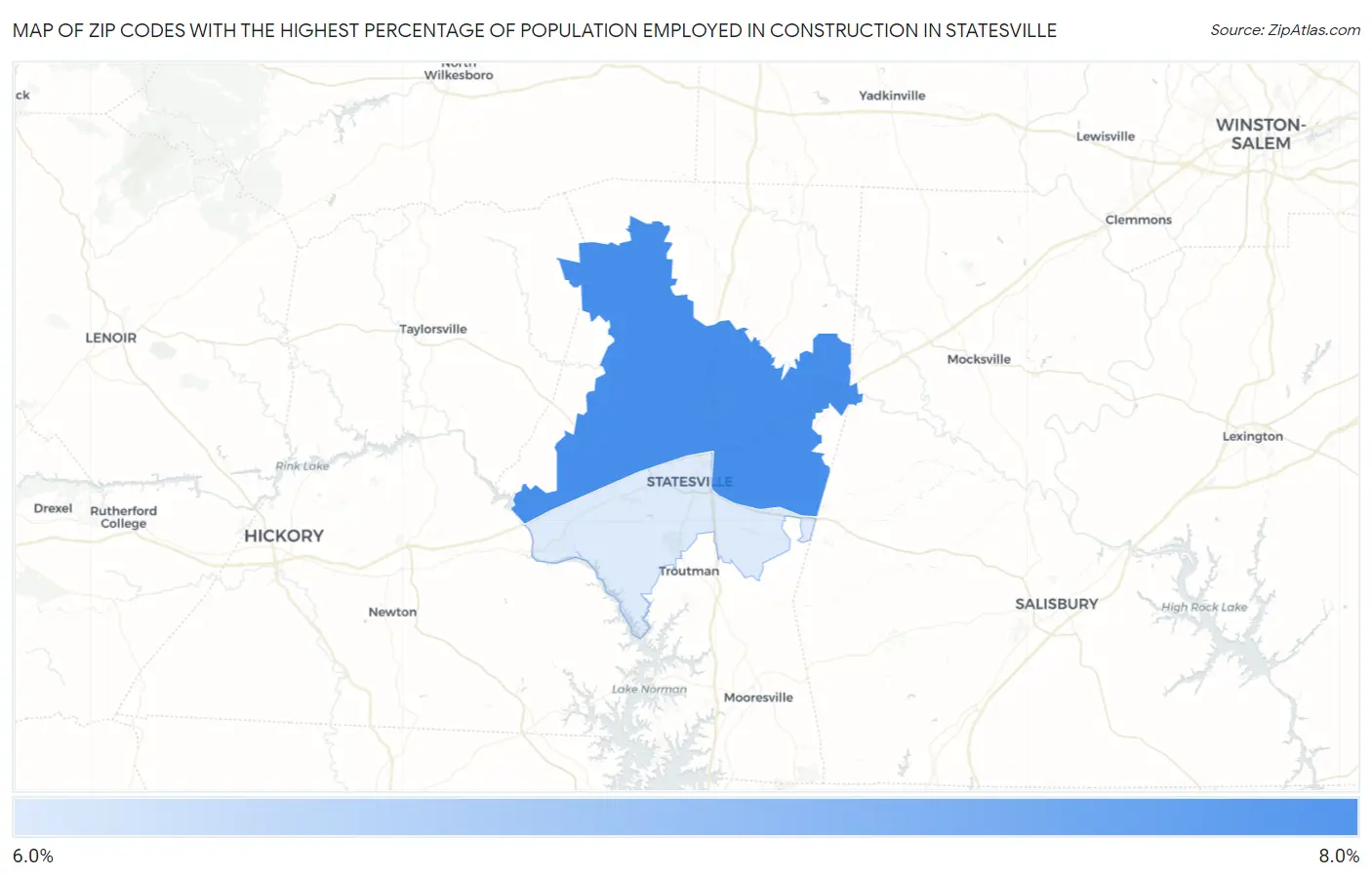 Zip Codes with the Highest Percentage of Population Employed in Construction in Statesville Map