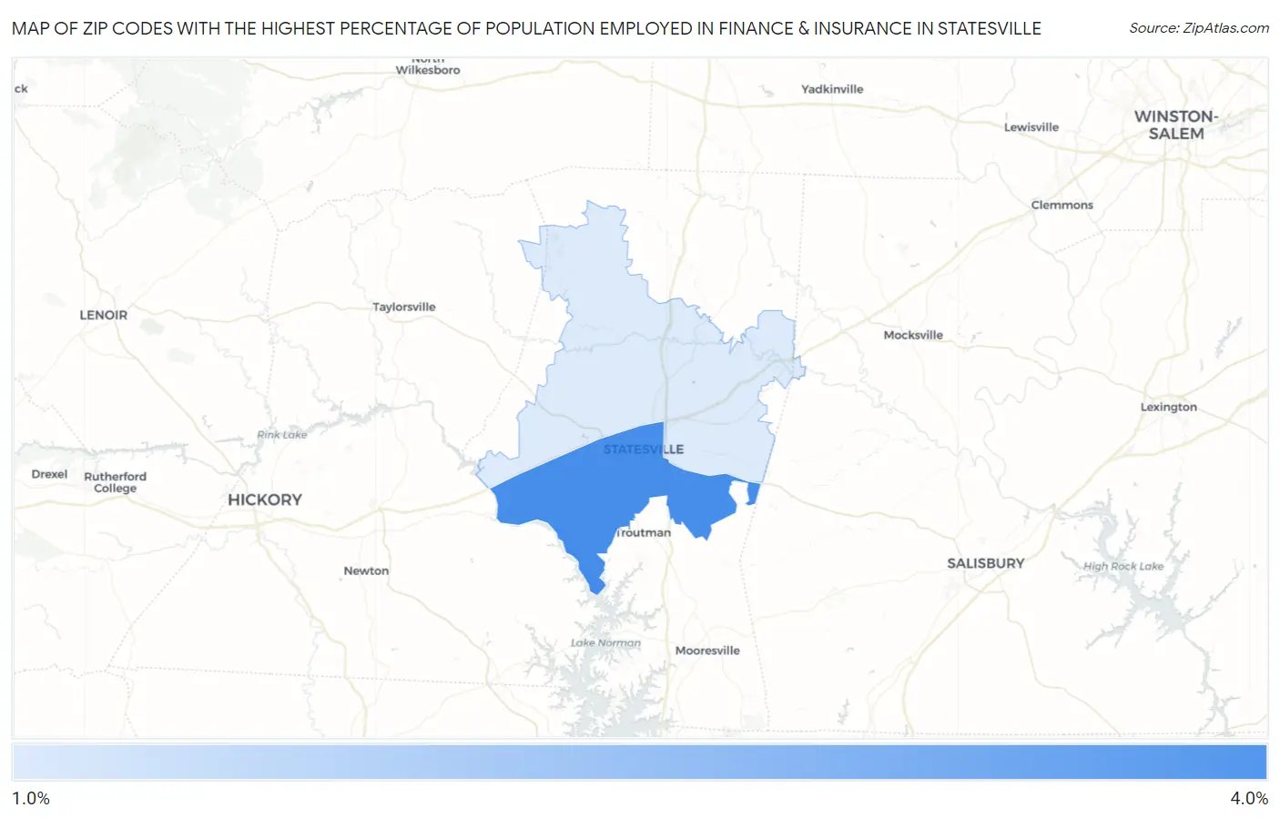Zip Codes with the Highest Percentage of Population Employed in Finance & Insurance in Statesville Map