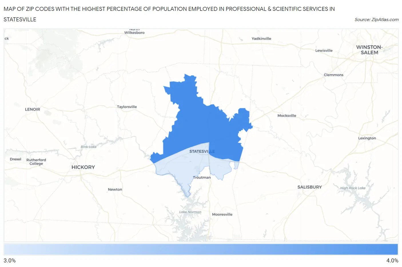 Zip Codes with the Highest Percentage of Population Employed in Professional & Scientific Services in Statesville Map