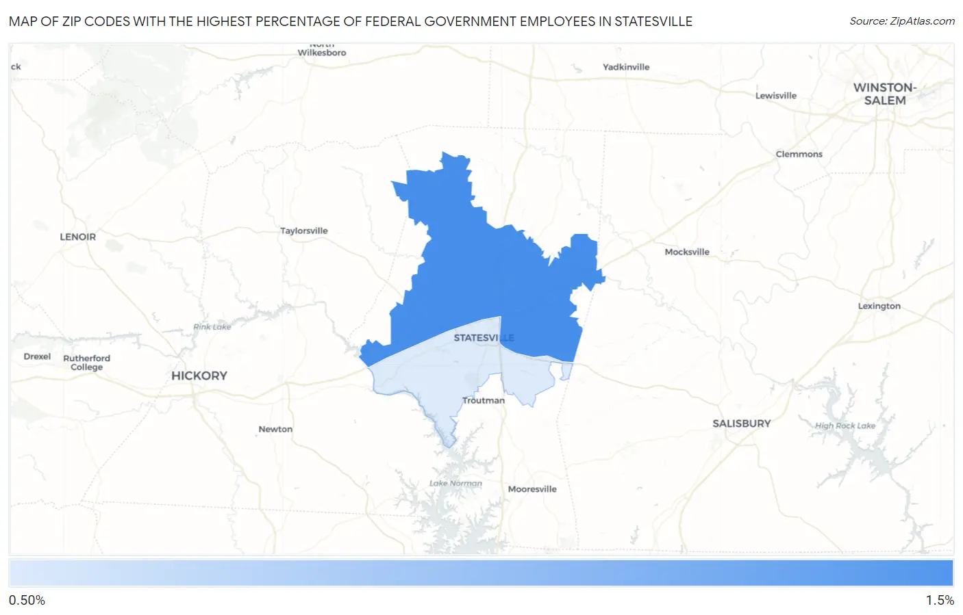 Zip Codes with the Highest Percentage of Federal Government Employees in Statesville Map