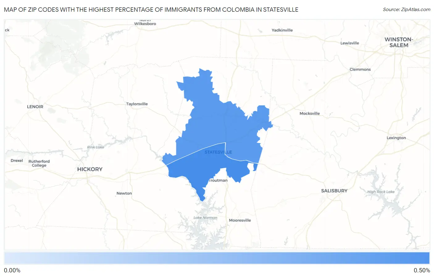 Zip Codes with the Highest Percentage of Immigrants from Colombia in Statesville Map