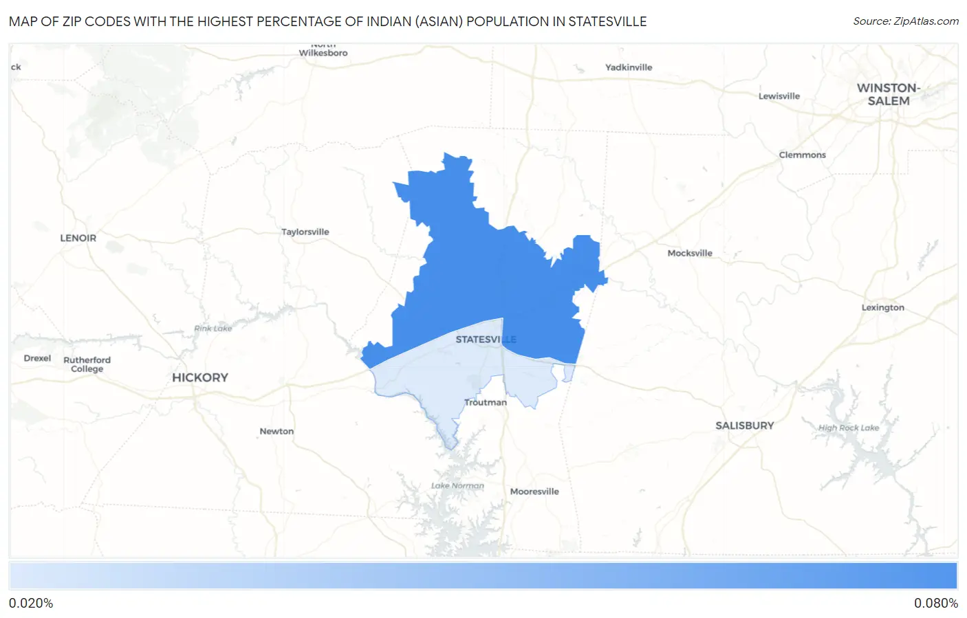 Zip Codes with the Highest Percentage of Indian (Asian) Population in Statesville Map