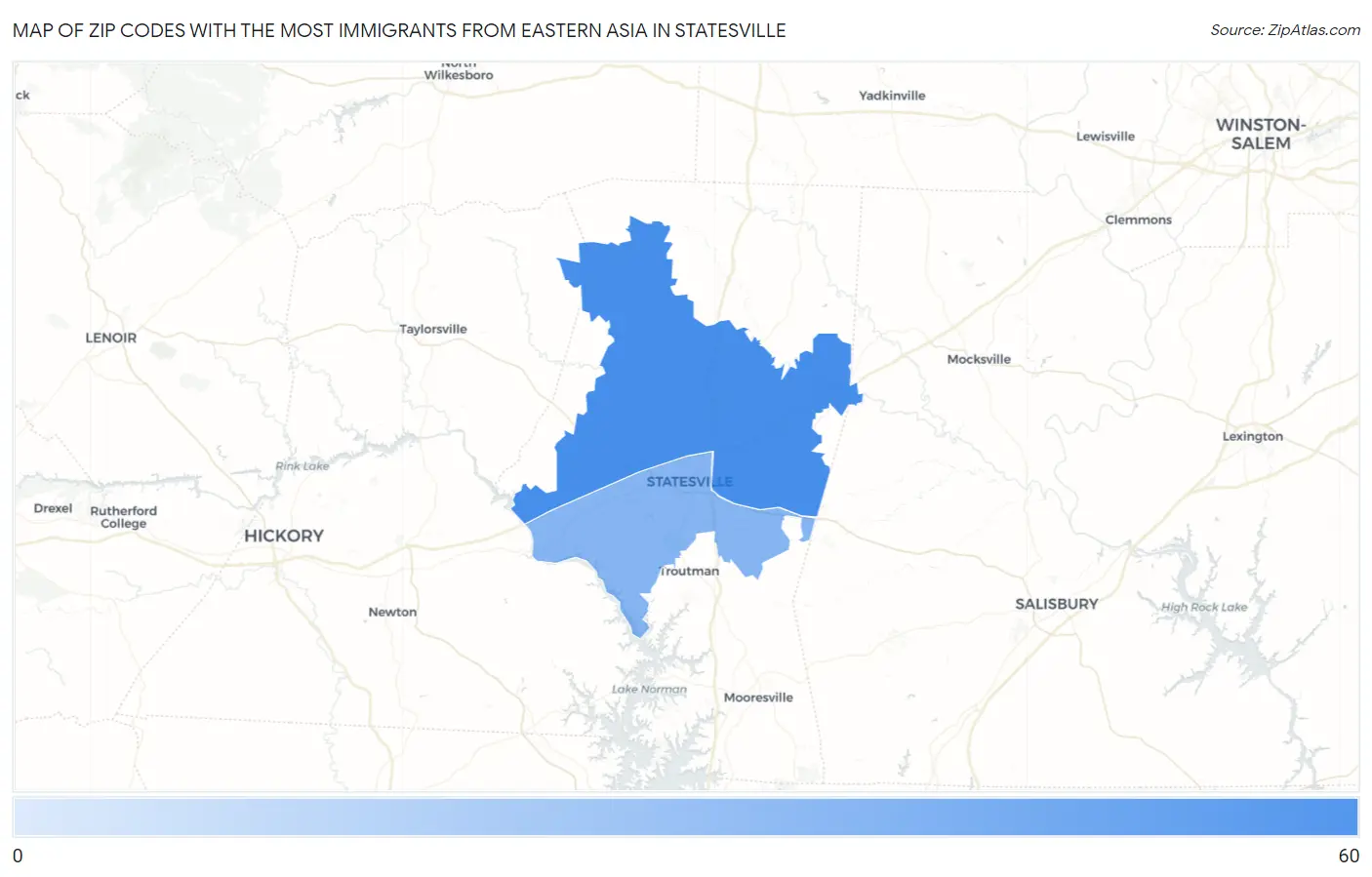 Zip Codes with the Most Immigrants from Eastern Asia in Statesville Map
